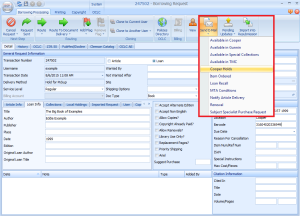A screen capture demonstrating how to select the cooper hold email template in ILLiad.
