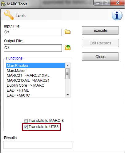 MarcEdit Translate to UTF8 Tool
